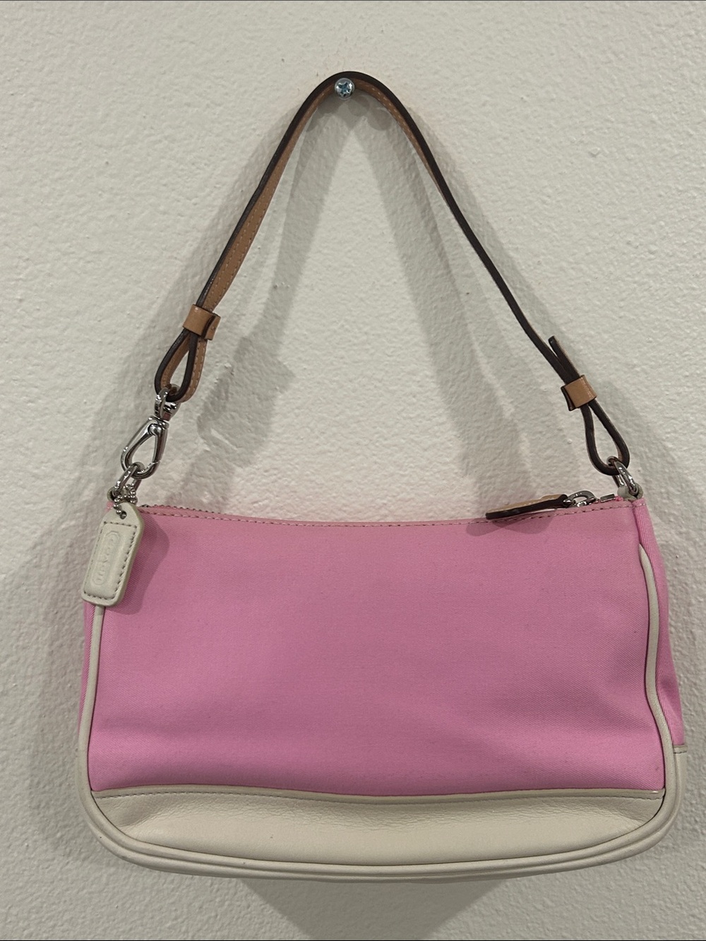 Y2K Coach Demi Hampton Pink canvas and leather baguette bag